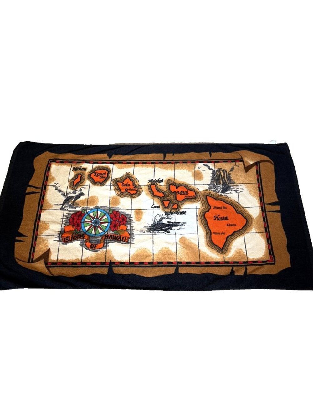 Vintage 90s Islands Of Hawaii Beach Towel Map Hibiscus Colorful Aloha 30X56''